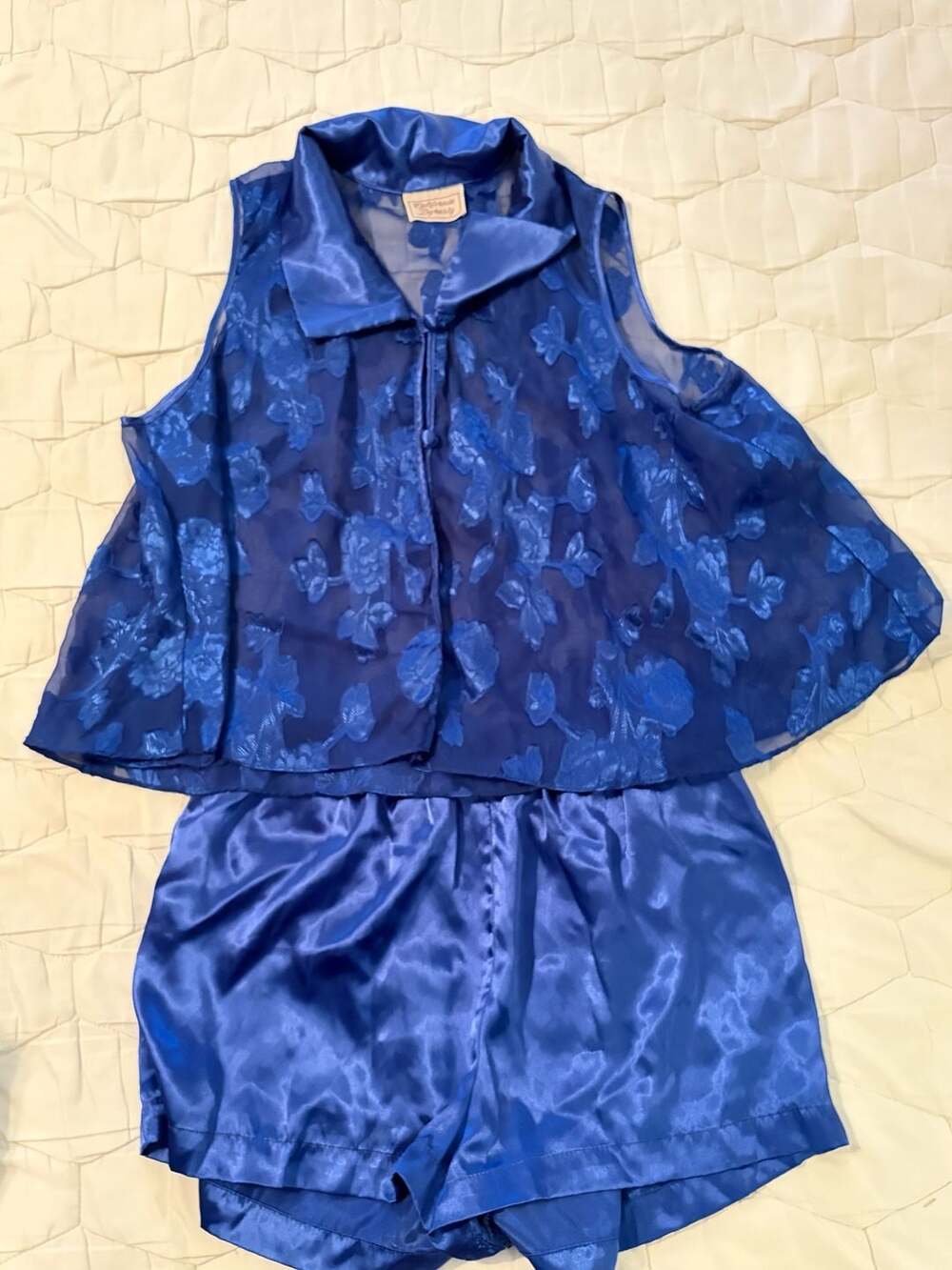 California Dynasty Vintage Blue Sheer Satin Pajama Set Size Large Lingerie USA